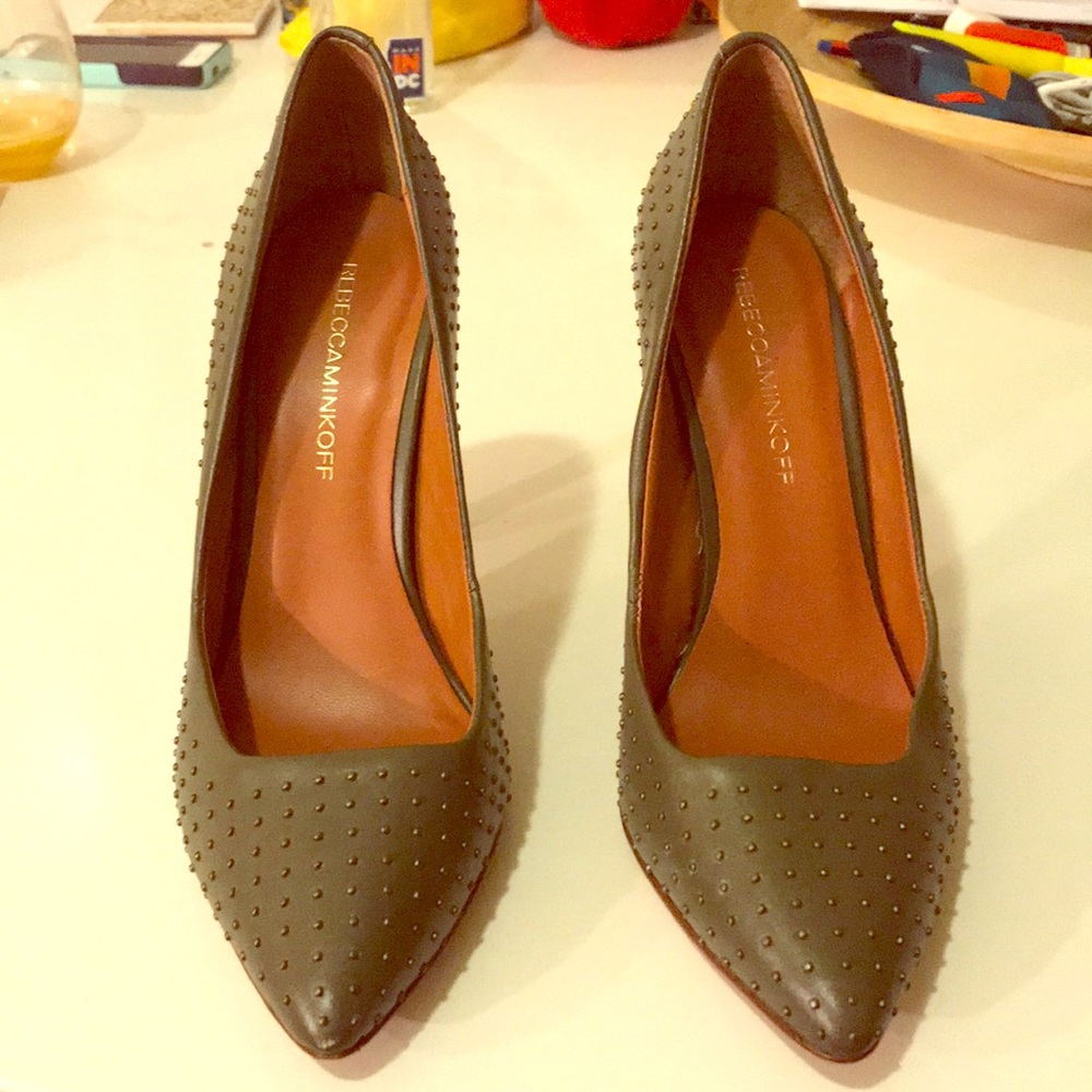 Rebecca Minkoff green shoes with stud details.